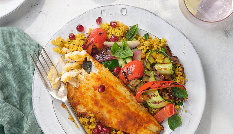 Moroccan Spiced Sea Bass with Grilled Vegetable Couscous & Pomegranate